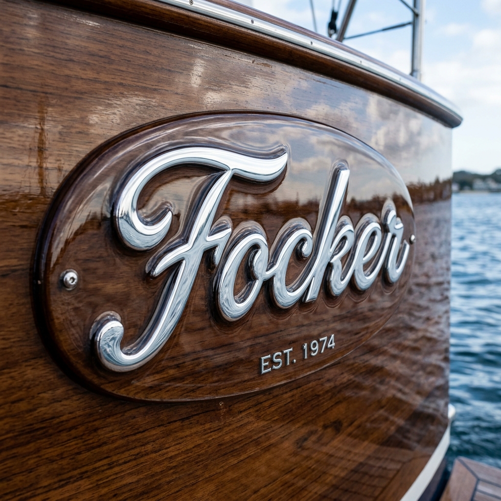Emblema resinado Focker aplicado no casco de madeira